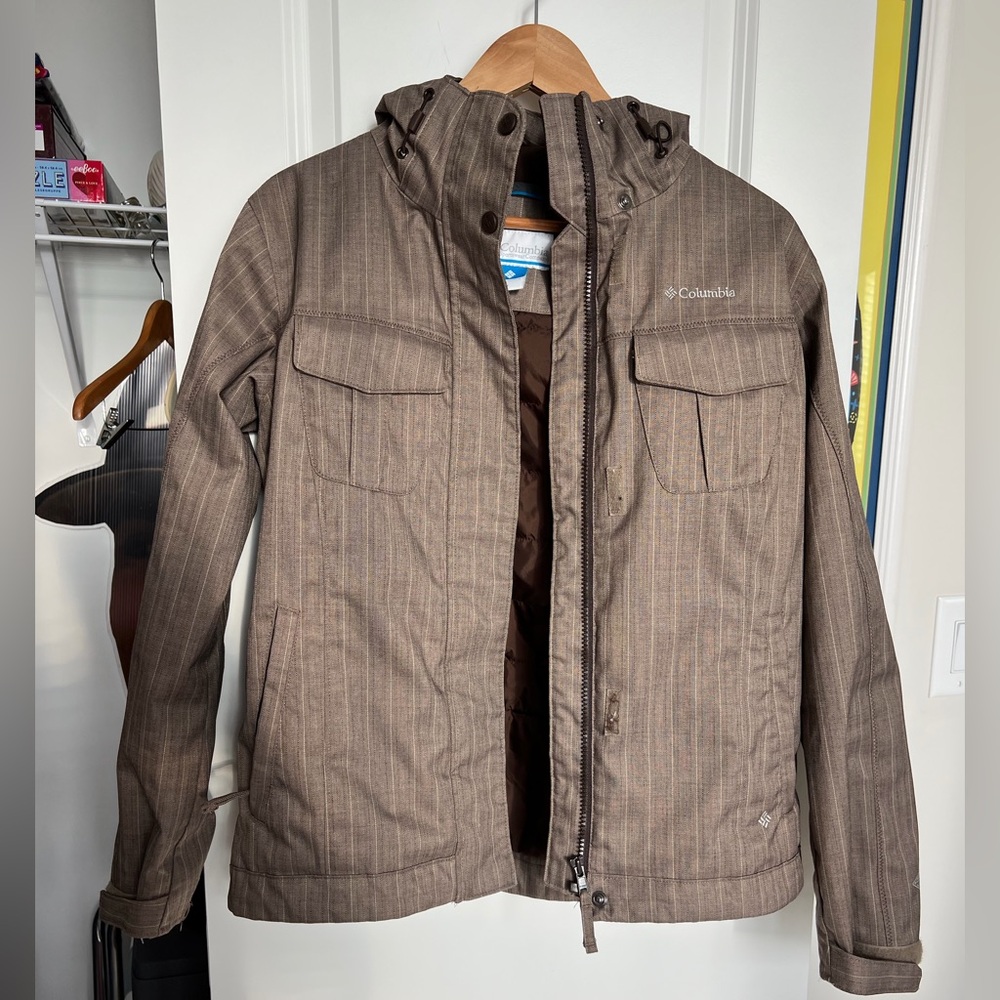 Columbia Omni-Tech Jacket Women Medium Hood Brown Tan Waterproof Ski Parka Coat